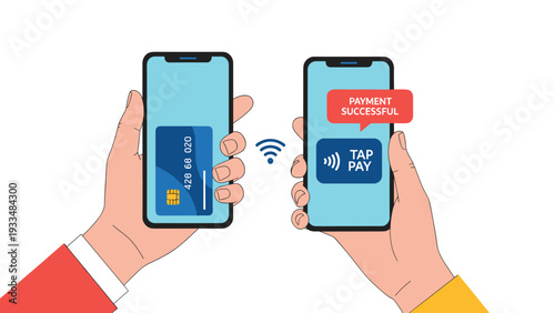 Close up of hands holding two smartphones to complete a secure contactless payment transaction with a digital credit card on screen.