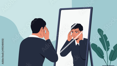 Young man stands in front of a mirror touching his face and hair while reflecting on his appearance or starting his grooming routine.