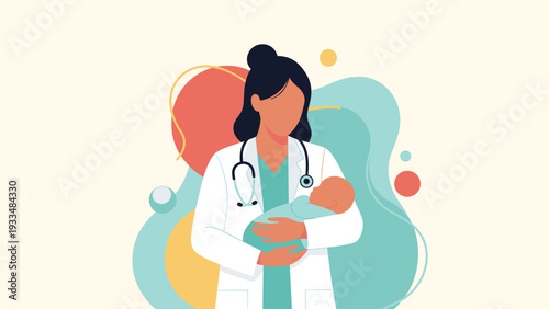 Compassionate female doctor or pediatrician in a white coat holds a newborn baby against a creative abstract and colorful background.
