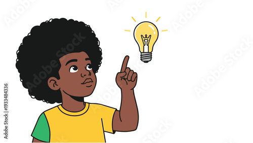 Young Black boy looks up with wonder and points at a glowing lightbulb above his head representing a brilliant new idea or epiphany.