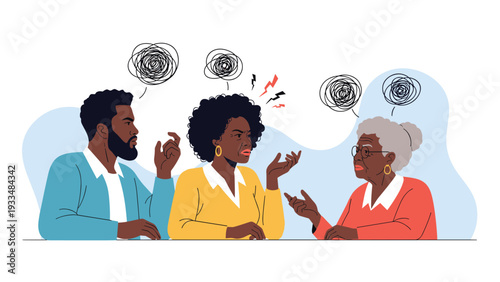 Three people including an older woman have a tense and stressful argument with scribble thought bubbles showing negative emotions.