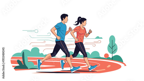 Active man and woman in sportswear jog together on an outdoor running track during a beautiful sunny morning for fitness and health.