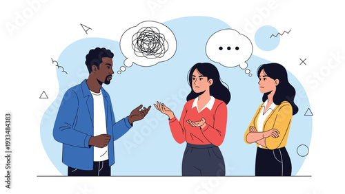 African American man communicates with two women while thought bubbles illustrate confusion and lack of clear dialogue.