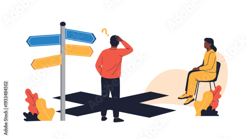 Confused man stands at a crossroads with direction signs while a career counselor offers guidance from a nearby chair.