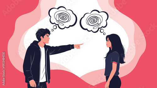 Man and woman have a fierce verbal argument with angry gestures and thought bubbles representing their chaotic mental state.