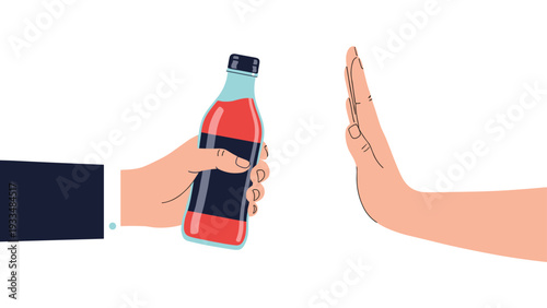 Person refuses a bottle of red sugary soda by showing a stop gesture with their hand to promote healthy beverage choices.
