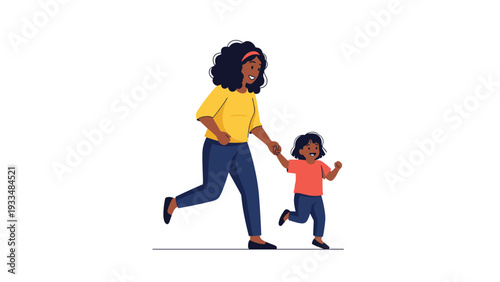 Joyful mother and her young daughter hold hands and run together in a playful and energetic outdoor activity scene.