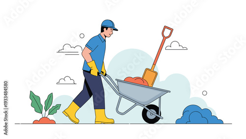 Male worker in a blue uniform and yellow boots pushes a wheelbarrow through a garden during outdoor landscaping work.