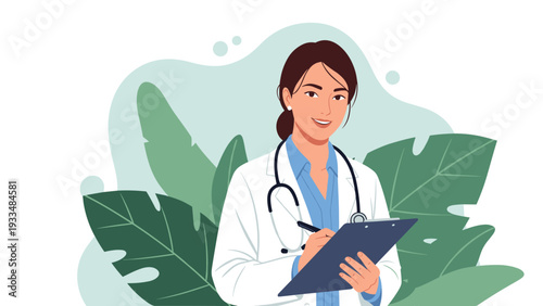 Professional female doctor with a stethoscope around her neck takes notes on a clipboard in a medical office environment.