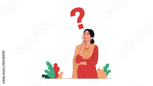 Woman in a red traditional outfit looks up at a large red question mark while thinking about a difficult decision or problem.