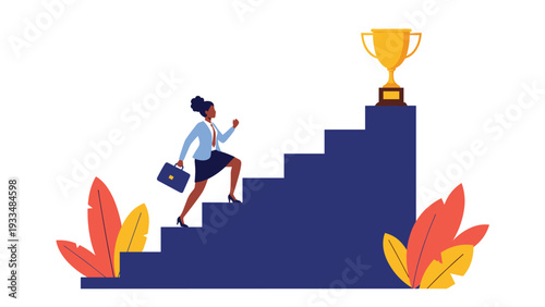 Ambitious businesswoman with a briefcase runs up a set of stairs toward a large gold trophy to represent career success.