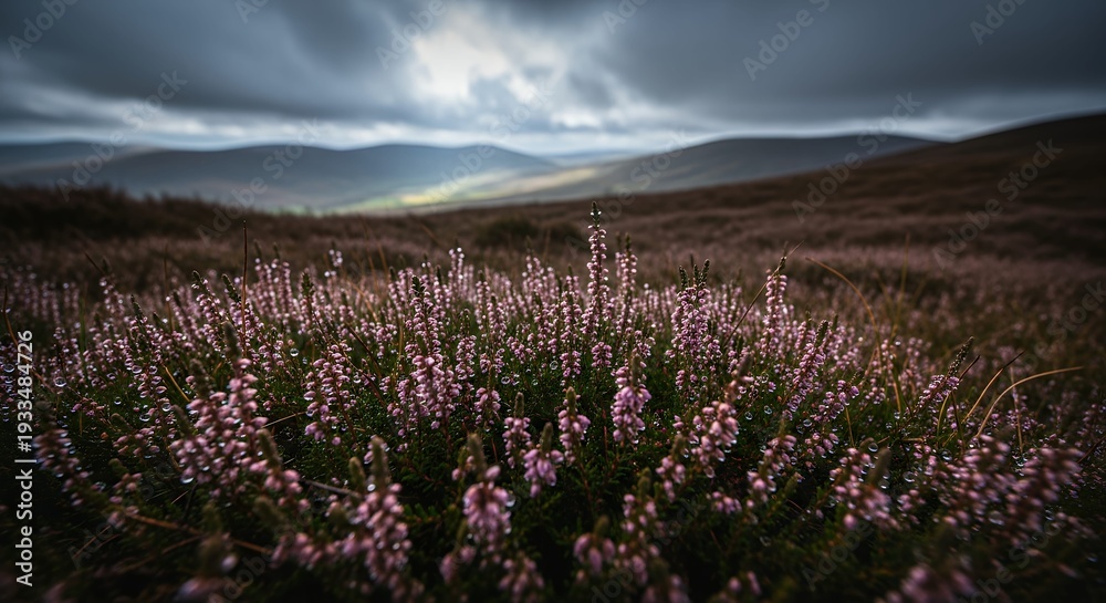 Obraz premium Field of purple flowers with mountains in the distance and dark clouds.