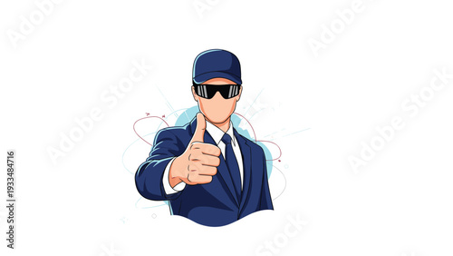 Professional security guard in a dark suit and sunglasses gives a confident thumbs up while standing against a modern digital background.