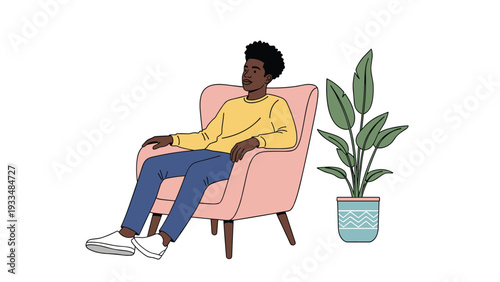 Young man in casual clothes relaxes on a stylish pink armchair next to a large green potted plant in a bright and minimalist room.