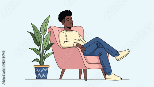 Relaxed man with eyes closed takes a nap on a soft pink armchair next to a large green plant in a peaceful and sunny living room.