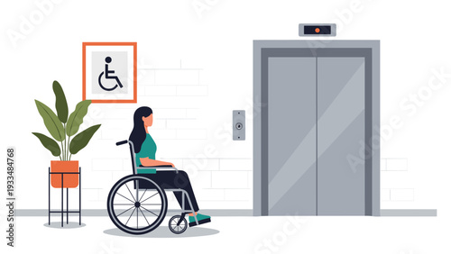 Young woman in a wheelchair waits for an elevator in a modern and accessible office building or public facility with clear signage.
