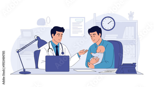 Pediatrician in a white coat explains health information to a father holding his baby during a consultation in a bright medical office.