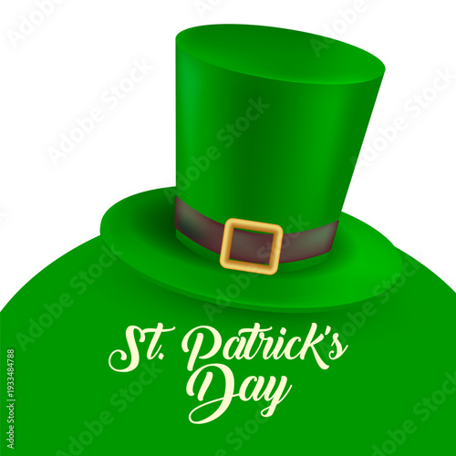 Green top hat with a brown band and gold buckle on a green surface, featuring "St. Patrick's Day" text, set against a white background.
