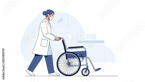 Female doctor wearing a face mask and white coat pushes an empty wheelchair through a clean and sterile hospital corridor or clinic.