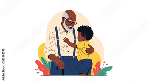 Elderly grandfather with a cane warmly embraces his young grandson in a loving hug against a colorful and artistic nature background.