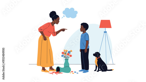 Angry mother points at a broken flower vase on the floor while scolding her young son who looks guilty and ashamed.