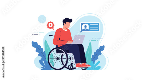 Determined man in a wheelchair works on his laptop in a bright office space, showcasing inclusivity and accessibility.