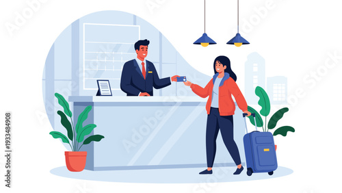 Friendly hotel receptionist hands a key card to a female guest with a suitcase at the front desk in a modern lobby.