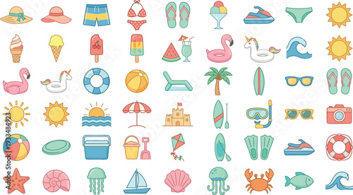 Flat vector illustration of summer beach and vacation icons including ice cream surfboard sandcastle palm tree camera and nautical elements isolated on white background.
