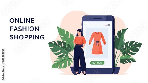 Young woman stands next to a large smartphone displaying a dress, representing the convenience of online fashion shopping.