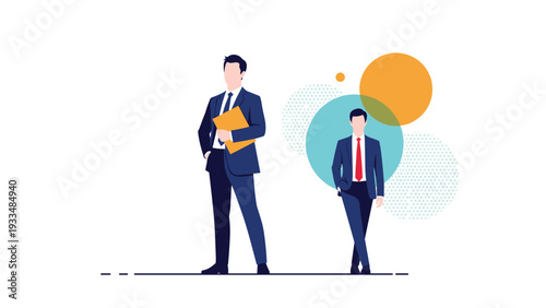 Confident male business leaders stand together in front of abstract circles, holding folders and ready for a meeting.