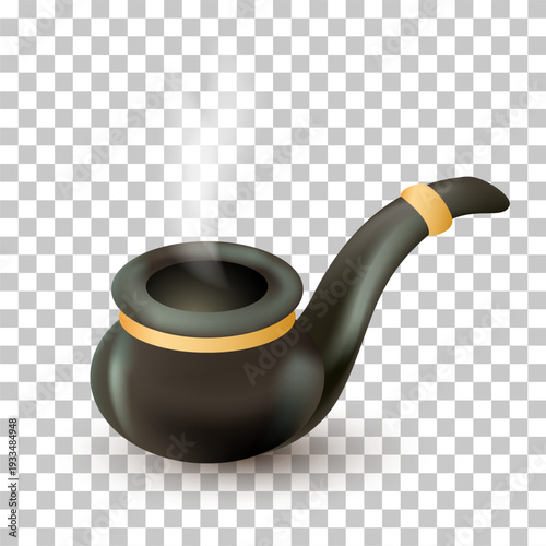 Black smoking pipe with a gold band emitting white smoke on a transparent background.