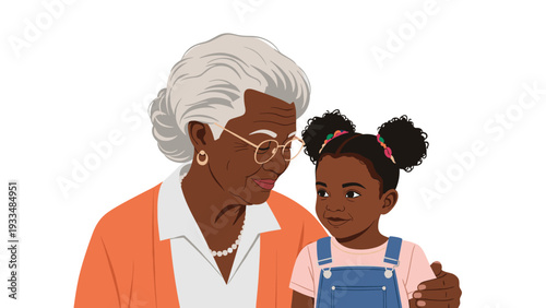 Loving grandmother hugs her young granddaughter while they share a happy moment together, showing a strong family bond.