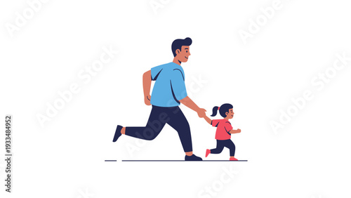 Happy father and his young daughter run together on a white background, representing healthy lifestyle and bonding.