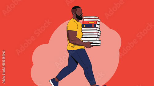 Strong man carries a massive stack of various books while walking, representing the weight of knowledge or heavy study.