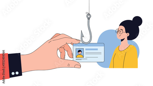 Identity theft concept shows a hand holding a personal ID card being caught by a fishing hook, illustrating a phishing scam.