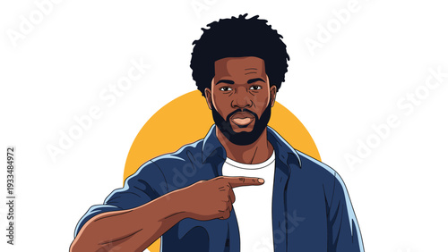 Confident man with an Afro and beard points his finger at himself while looking directly at the camera with pride.