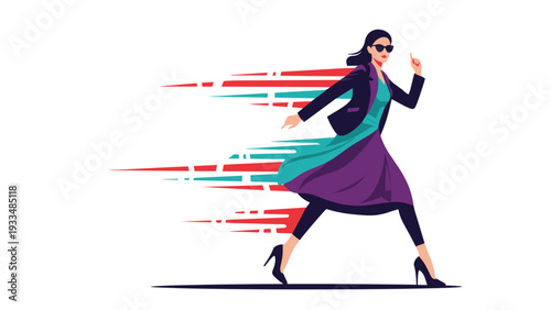 Fashionable woman wearing a purple dress and stylish sunglasses runs extremely fast with vibrant red and blue motion lines behind her.