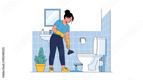 Determined woman wears yellow gloves and uses a plunger to fix a clogged toilet in a modern tiled blue bathroom.
