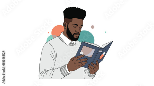 Intellectual man with a beard and glasses is deeply focused on reading a book in front of colorful circular shapes.