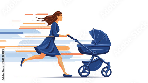Young active mother in a blue dress pushes her baby stroller at high speed with colorful motion trails suggesting a very busy morning.