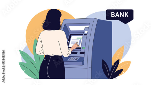 Professional woman from a rear view stands in front of a bank terminal to perform financial transactions or withdraw cash from an ATM.