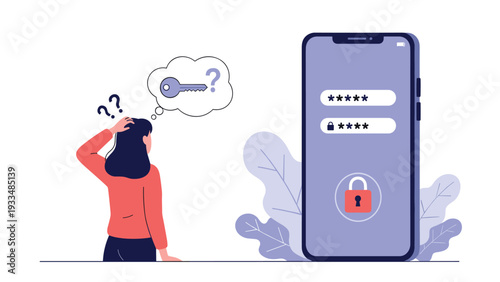 Frustrated young woman forgets her smartphone security password and scratches her head while looking at the lock screen interface.