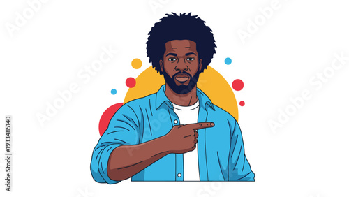 Confident Black man with a beard and afro hair points his finger towards the side against a vibrant yellow and blue circle background.