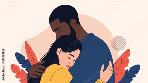 Romantic close up of a diverse couple embracing each other with the woman resting her head on the man chest in a peaceful moment.