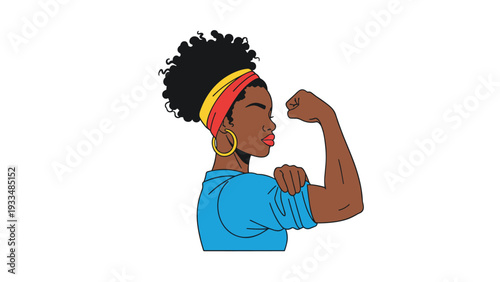 Empowered Black woman with curly hair and a colorful headband flexes her strong bicep in a pose representing female power and resilience.