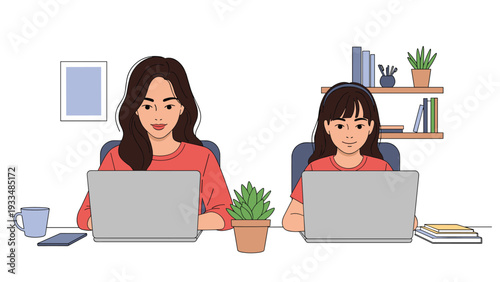 Young mother and her daughter sit at a white desk together focusing on their individual laptops for work and school study sessions.