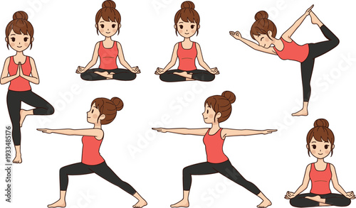Flat vector illustration set of a cute anime girl character practicing various yoga poses including tree warrior and meditation isolated on white background.