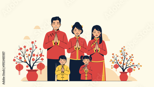 Traditional Chinese family of five celebrates Lunar New Year together wearing festive red and yellow clothing with lucky cherry trees.