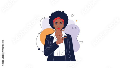 Professional Black woman wearing a navy suit and stylish earrings points her finger to the side against an abstract purple backdrop.