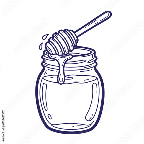 Honey dripping from dipper into glass jar honeycomb dipper